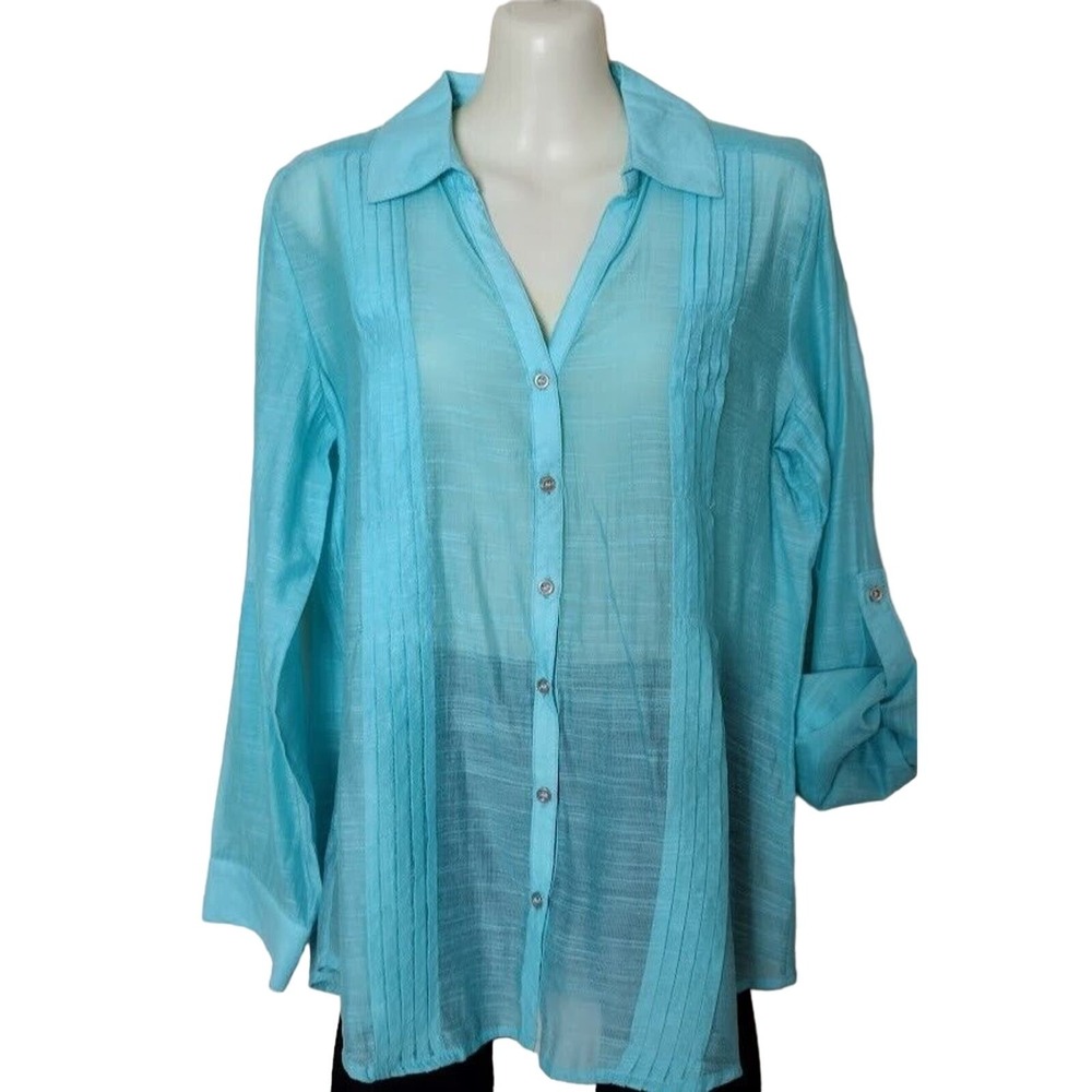 Chico's Button Up Long Tab Sleeve Shirt, Sz 0 (XS/4), Aqua